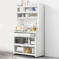 White Kitchen Pantry Cabinet with Microwave Stand Drawer Wheels and Ample Storage Space 24x68in