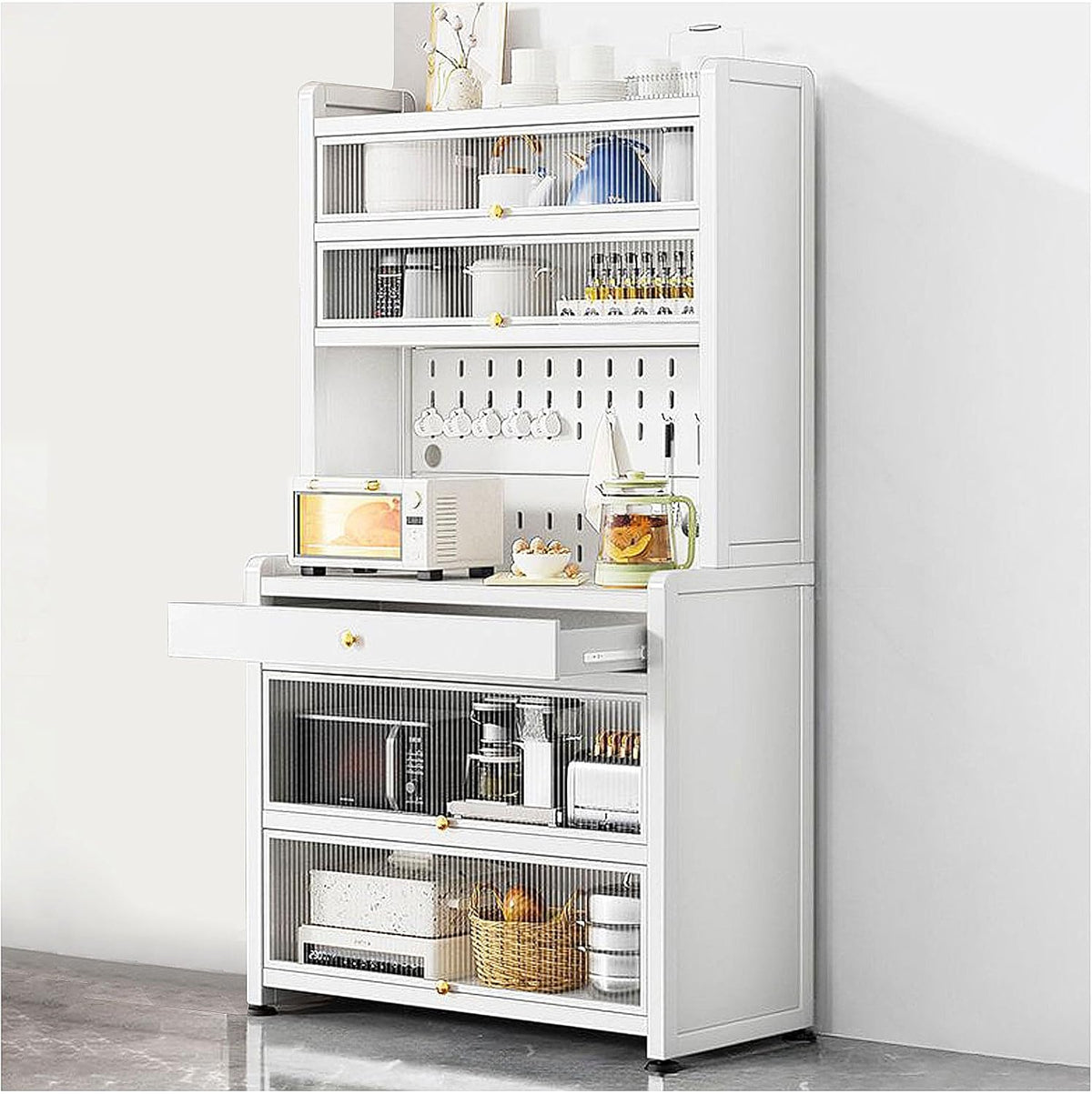 White Kitchen Pantry Cabinet with Microwave Stand Drawer Wheels and Ample Storage Space 24x68in