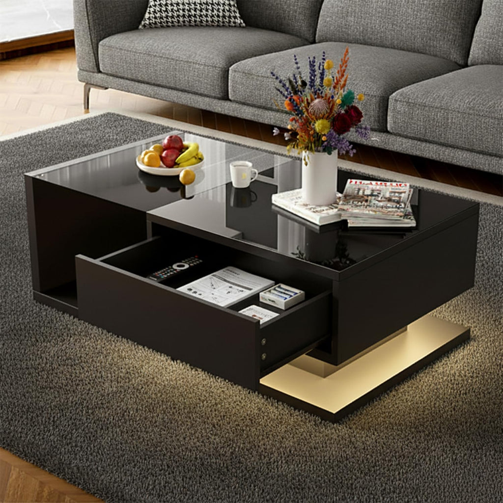 holzart Compact Low-Profile Coffee Table with LED Lights & Storage, 39.4" Small Black High Gloss Modern Center Table with Tempered Glass & Drawer for Small Spaces, Apartments & Gaming