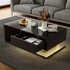 holzart Compact Low-Profile Coffee Table with LED Lights & Storage, 39.4" Small Black High Gloss Modern Center Table with Tempered Glass & Drawer for Small Spaces, Apartments & Gaming