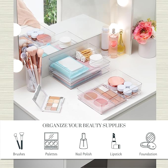 STORi SimpleSort 3-Piece Stackable Clear Drawer Organizer Set | 9" x 6" x 2" Rectangle Trays | Wide Makeup Vanity Storage Bins and Office Desk Drawer Dividers | Made in USA