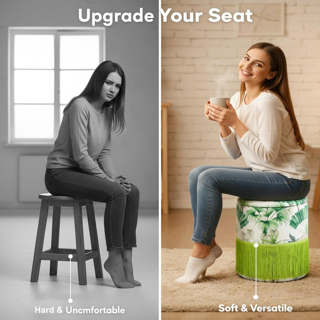 Round Fringe Ottoman with Storage, Farmhouse Tassel Velvet Footrest Stool, Flip Top Vanity Ottoman Chair for Living Room Bedroom