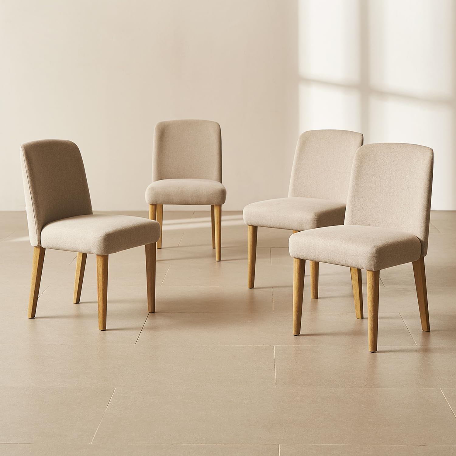 mopio Logan Upholstered Beige Parson Dining Chair Set of 4, Modern Farmhouse Solid Light Oak Wood with Ergonomic Curved Back Rest for Dining Room and Kitchen