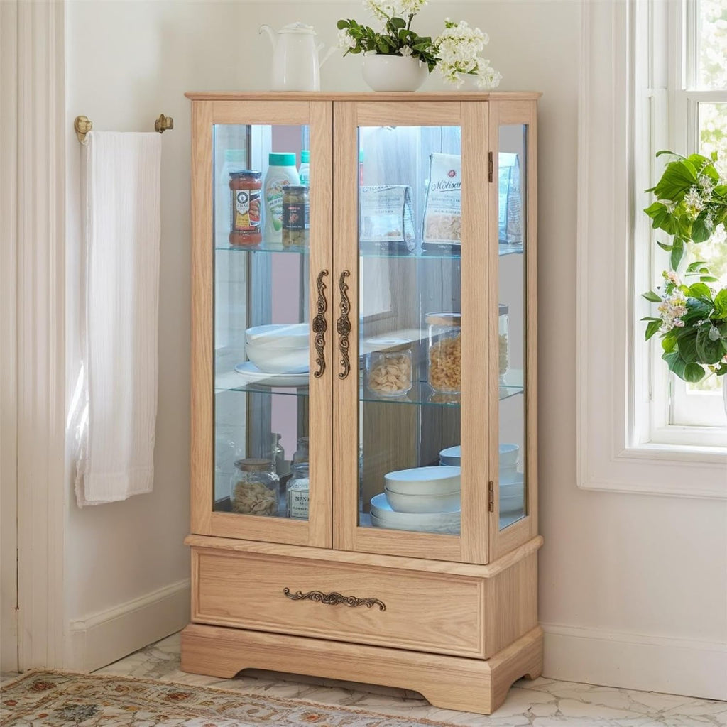 47" LED Glass Accent Curio Cabinet, 3-Tier Antique Storage Cage with Adjustable Shelves & Drawer, Acrylic Mirrored Pane, 7 Color Led Light, Small China Cabinet for Living Room/Kitchen (Oak - LED)