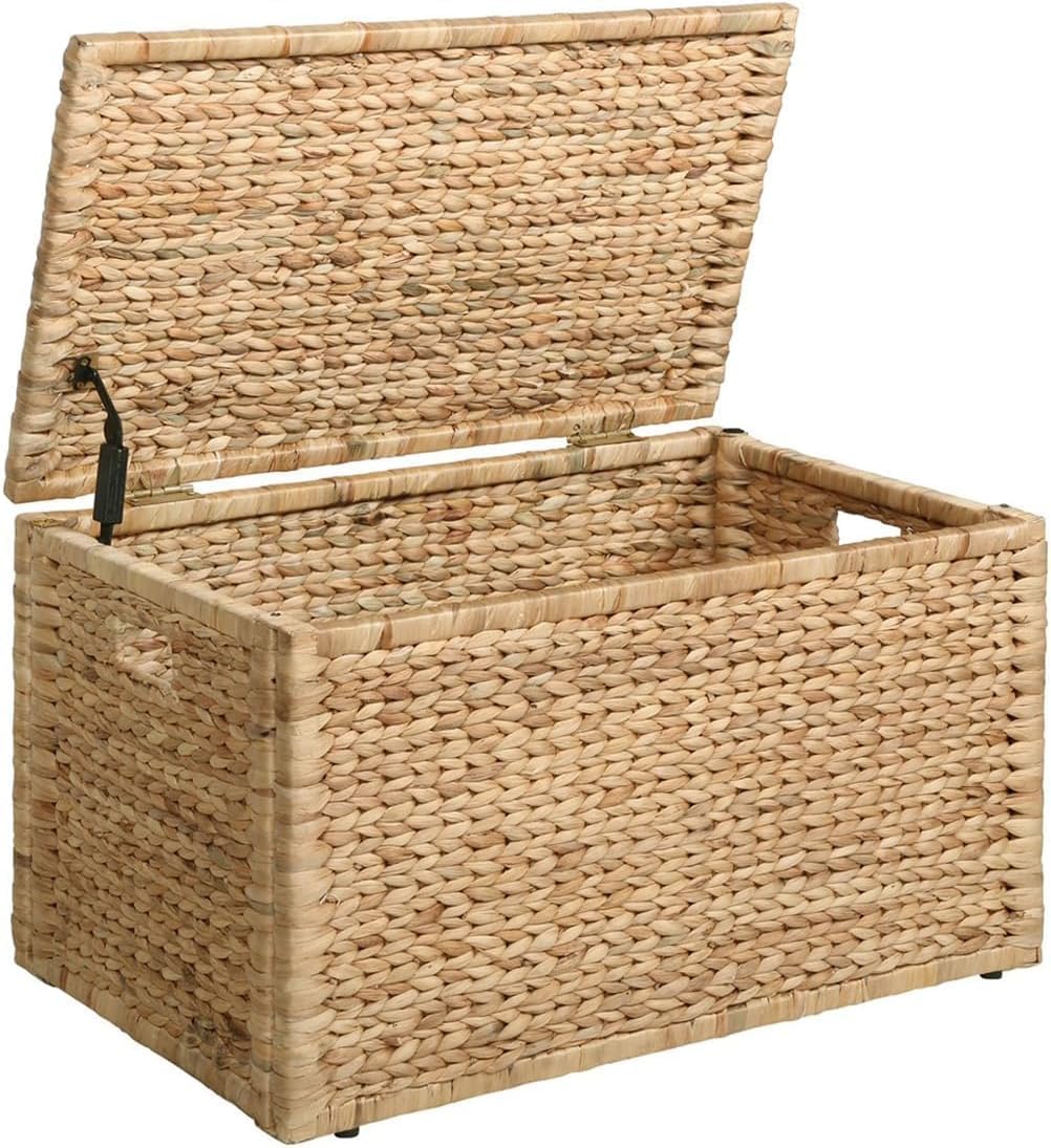 eHemco Water Hyacinth Wicker Storage Trunk, Natural, 30x17.5x17.5 Inches | Safety Hinge, Metal Frame, Decorative Blanket Chest & Storage Box, Farmhouse Woven Storage, For Living Room & Entryway