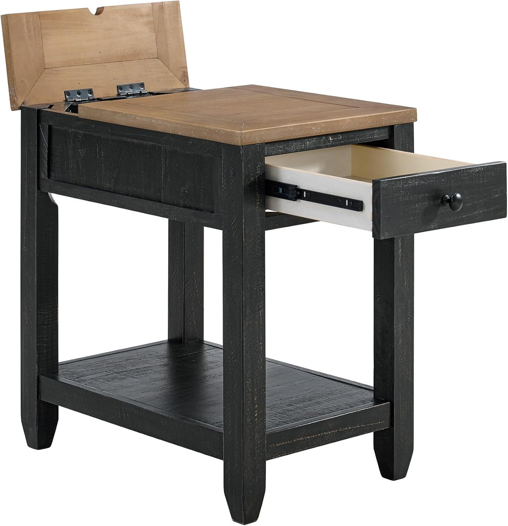 Martin Svensson Home Napa Farmhouse Chairside End Table with Charging Station, Solid Wood Narrow Side Table with Drawer & Shelf, Rustic Accent Table for Living Room or Bedroom. Black and Driftwood.