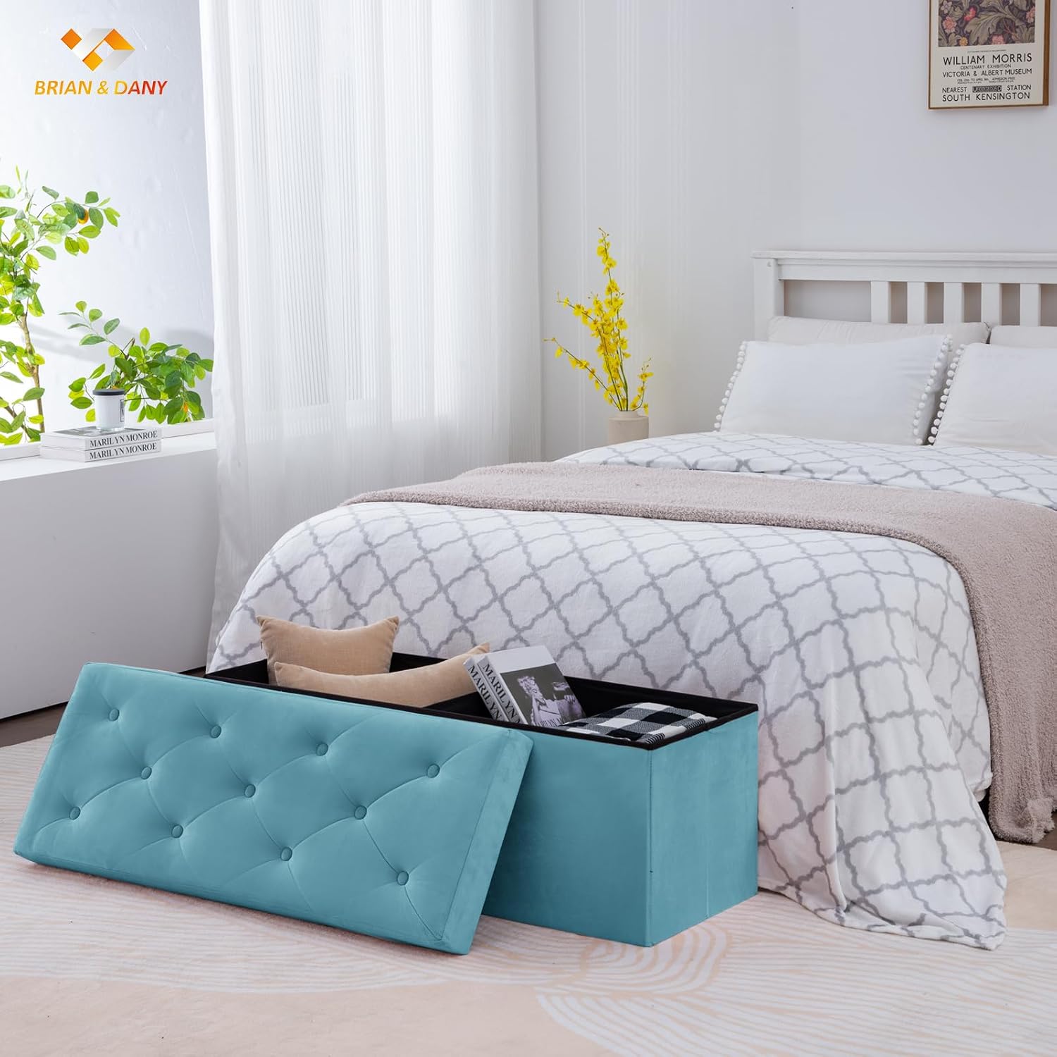 BRIAN & DANY 43 Inches Folding Storage Ottoman Bench, Velvet Ottoman with Storage for Living Room, Bedroom, Entryway, Ottoman Foot Rest, End of Bed Bench (Teal)