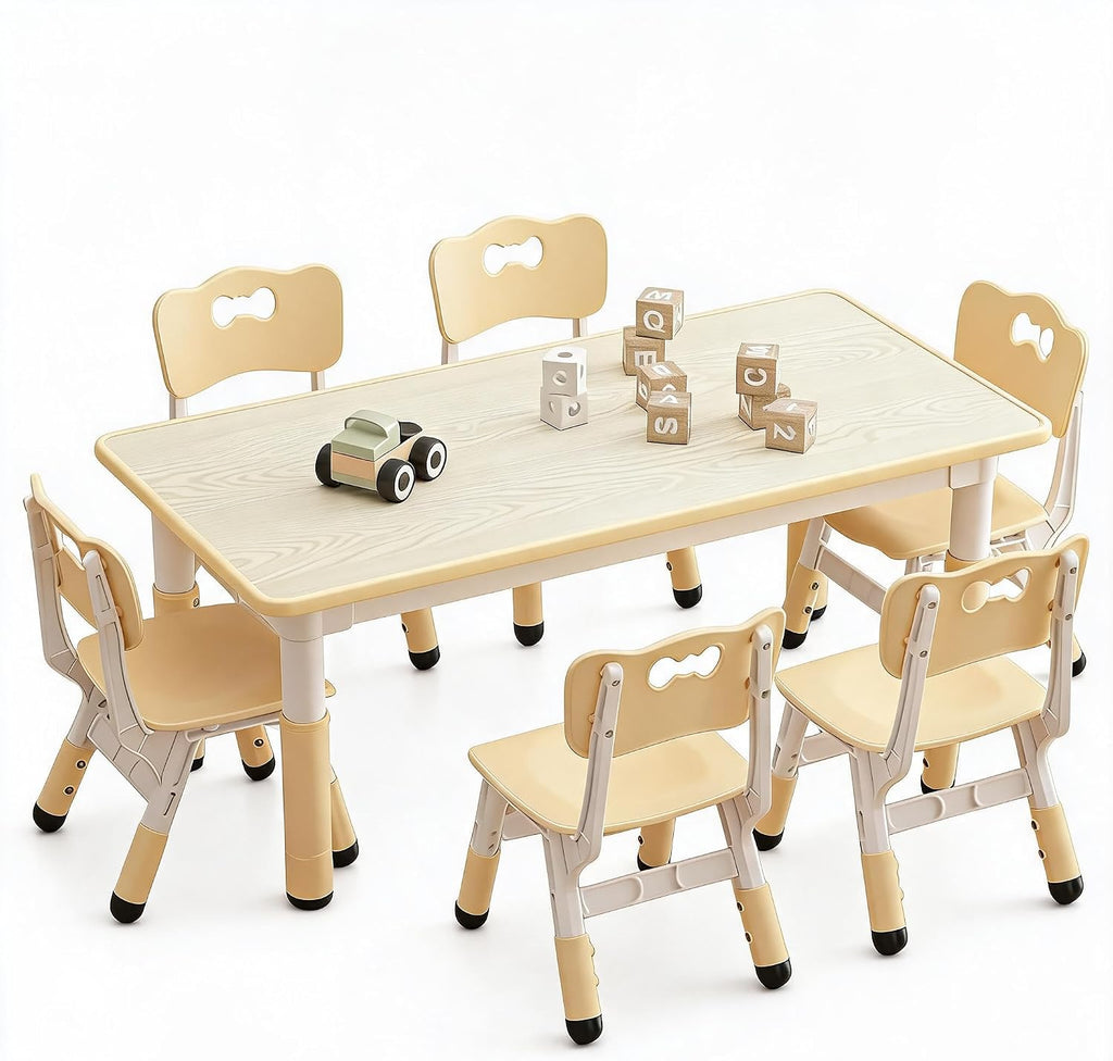 Jojoka Natural Wood Kids Table & 6 Chairs Set – with Storage Box | for ages 2-10, Built-in storage box, Graffiti desktop for creative play, Non-slip legs for safety.