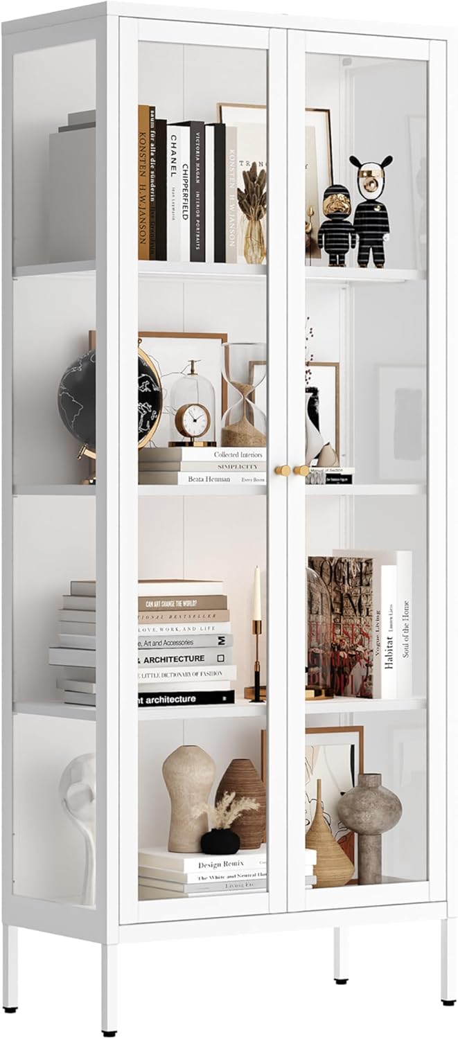 UNICOLY Display Cabinet with Glass Doors, Glass Display Cabinet 4-Tier, Metal Curio Display Cabinet with Tempered Glass Doors for Living Room, Plant, Display Shelf, Assembly Required, White