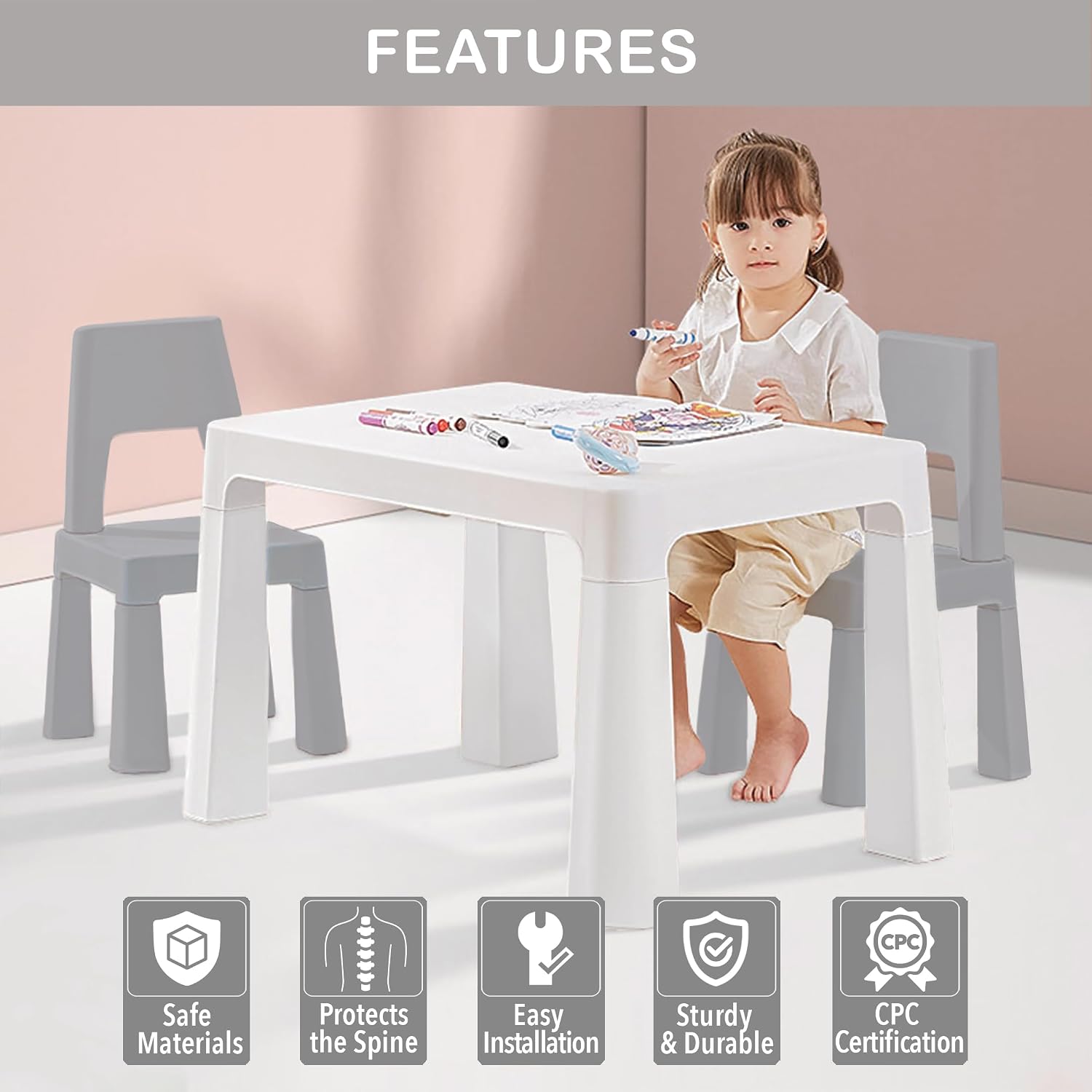 Little Twig 3-Piece Height Adjustable Kids Table and Chairs Set – Built-in Storage Drawers, Modern Design, Easy to Clean, Perfect for Eating, Activities, or Studying (Gray)