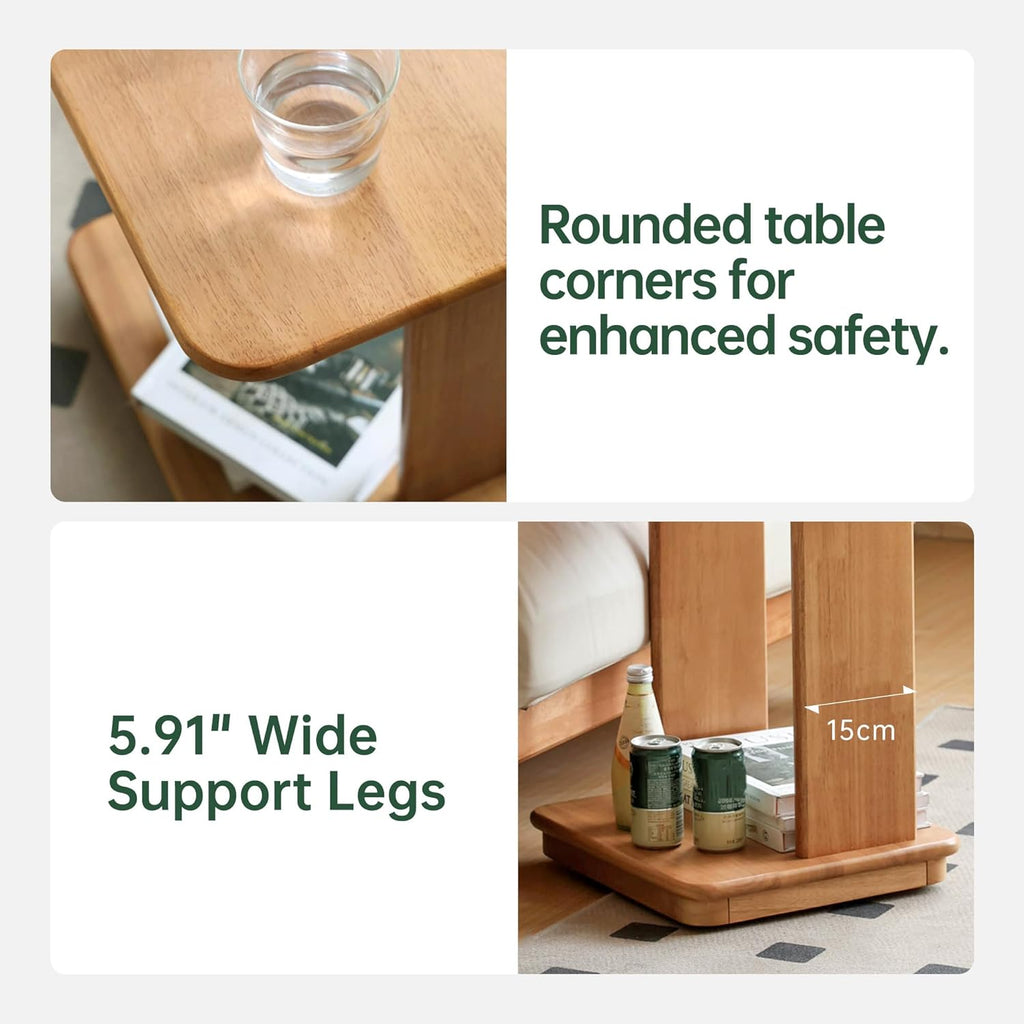 YESWOOD C Shaped End Table, Solid Wood Side Table, Small Rolling Side Table with 4 Lockable Wheels, 2-Tier Wood Bedside Table, End Tables Living Room, Bed Side Tables Bedroom, Home Office(19.69" H)