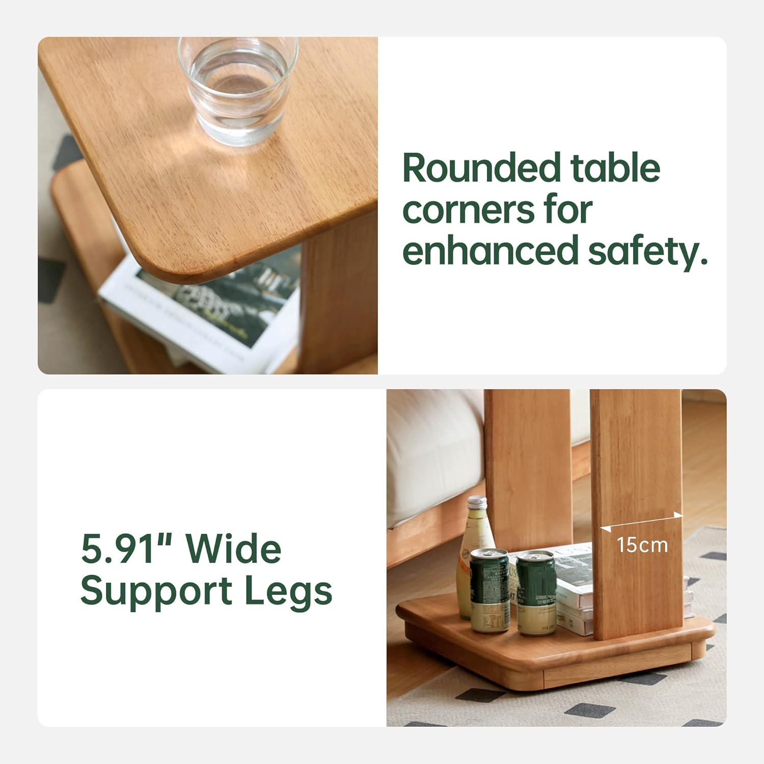 YESWOOD C Shaped End Table, Solid Wood Side Table, Small Rolling Side Table with 4 Lockable Wheels, 2-Tier Wood Bedside Table, End Tables Living Room, Bed Side Tables Bedroom, Home Office(19.69" H)