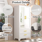 RIETERN Metal Armoire Wardrobe Closet, 71" Tall Bedroom Closet with Mirror | 2 Drawers, Adjustable Shelves, and Hanging Rod, Steel clothes closets and Storage, for Bedroom White