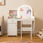 INFANS Kids Vanity, Princess Makeup Desk and Chair Set with Lights Mirror Drawer Storage Shelves, Wooden Dressing Table, Pretend Play Vanity Set for Girls