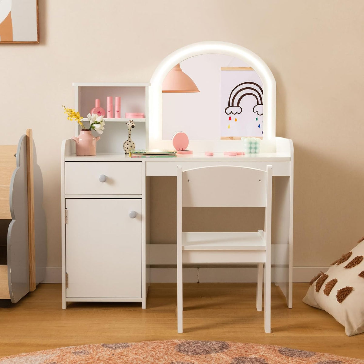 INFANS Kids Vanity, Princess Makeup Desk and Chair Set with Lights Mirror Drawer Storage Shelves, Wooden Dressing Table, Pretend Play Vanity Set for Girls