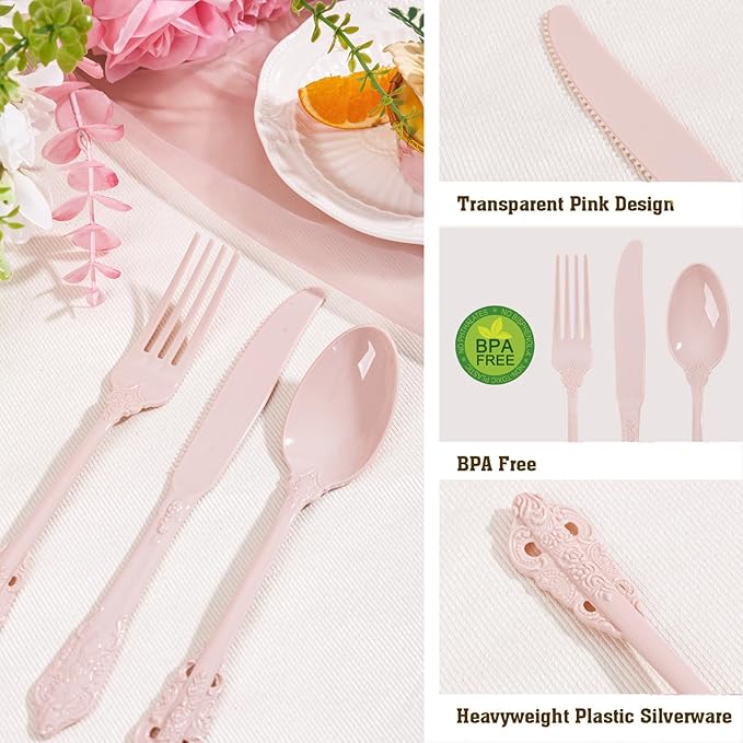 WDF 120 Pieces Heavy Duty Pink Plastic Silverware - Pink Plastic Cutlery Set - Disposable Pink Utensils - Disposable Flatware Includes 40 Forks, 40 Spoons, 40 Knives for Party, Wedding