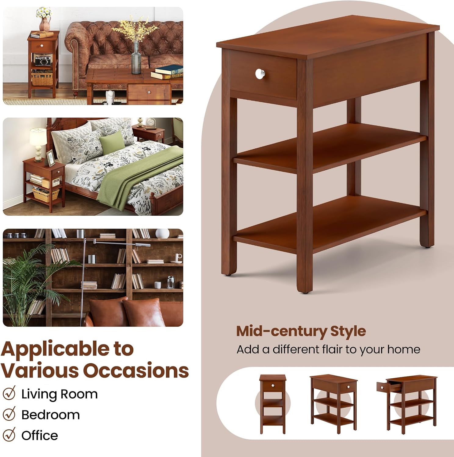 Giantex Narrow End Table Set of 2, Farmhouse Side Tables with Drawer & Storage Shelves, Wood Sofa Side Tables, 3-Tier Nightstands for Small Space, Living Room, Bedroom, 23.5"L x 12"W x 24.5"H, Brown