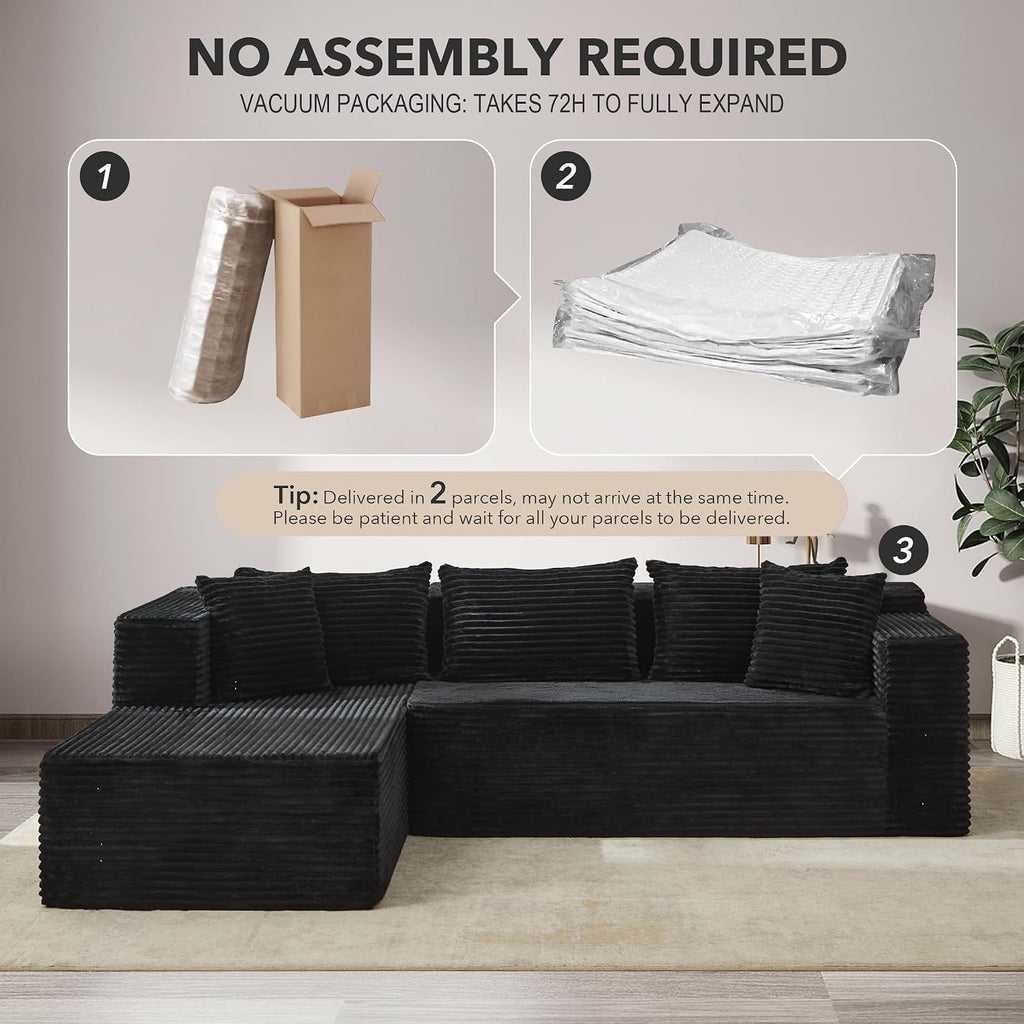 106" L Shaped Modular Cloud Sectional Sofa with Cushions, Black | 4-in-1 DIY Combination, Ultra-Wide Corduroy Fabric, No Assembly Required, Right Hand Facing Couch for Living Room