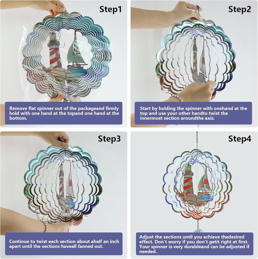 Lighthouse 3D Wind Spinner Kinetic Metal Art Hanging Wind Spinner Outdoor Decoration Ocean Ornaments Decor for Yard and Garden