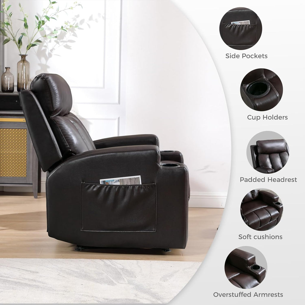 CANMOV Manual Recliner Chair with Massage and Heat,Breathable Leather Recliner Chair with Armrest and Backrest, Manual Reclining Single Sofa with 2 Cup Holders, Side Pocket for Living Room,Dark Brown