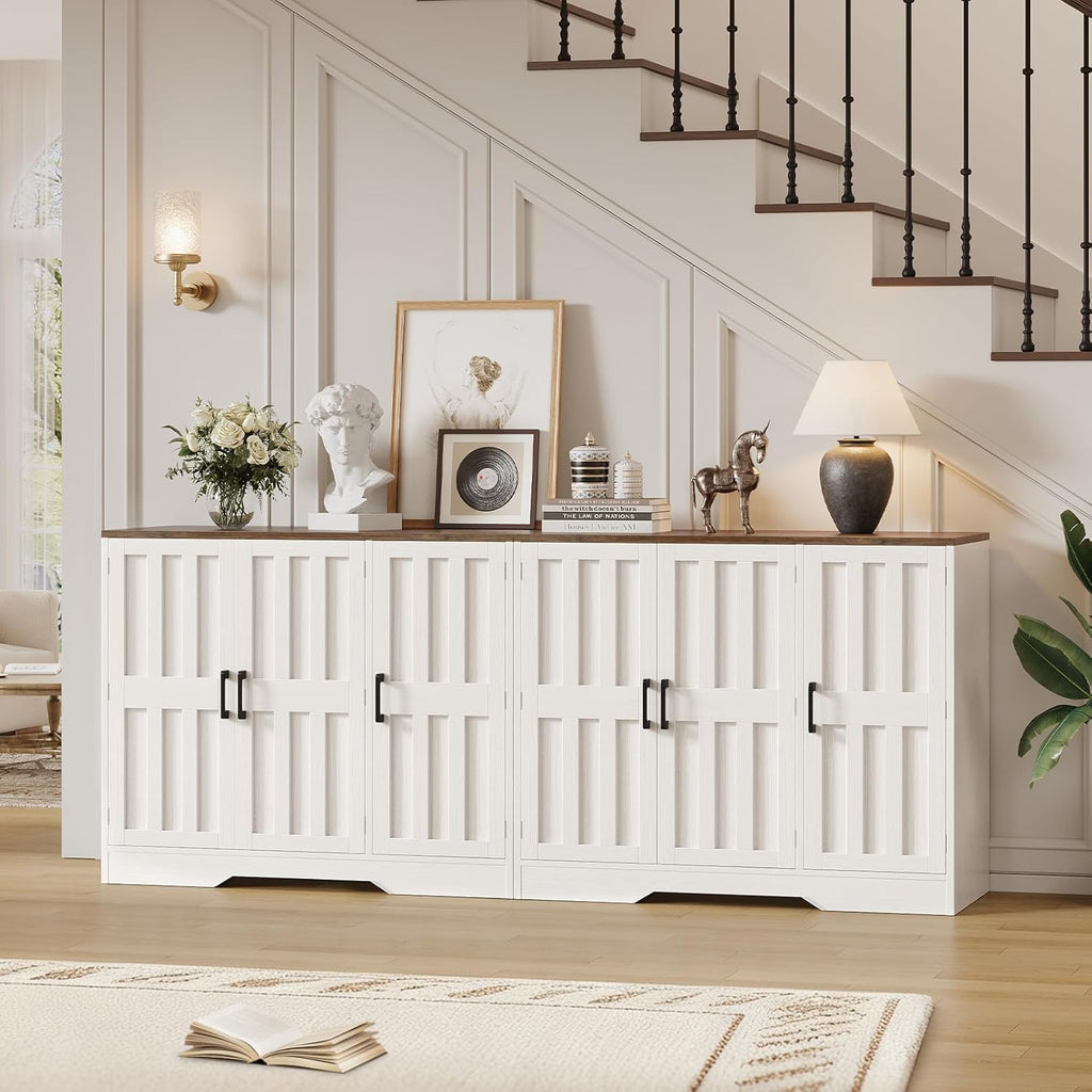 Modern Farmhouse Buffet Cabinet with Storage, 85" Large Sideboard Storage Cabinet with 6 Barn Doors, Coffee Liquor Bar Cabinet Wood Table Credenza with Adjustable Shelf for Kitchen Dining Living Room
