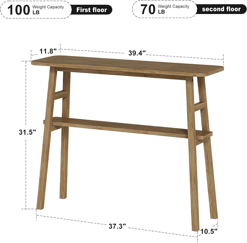 39.4" Solid Bamboo Entryway Console Table, Sofa Table Behind Couch, Narrow Bamboo Wood Entry Hallway Table with Storage Shelves for Living Room, Modern, Easy Assembly, Brown