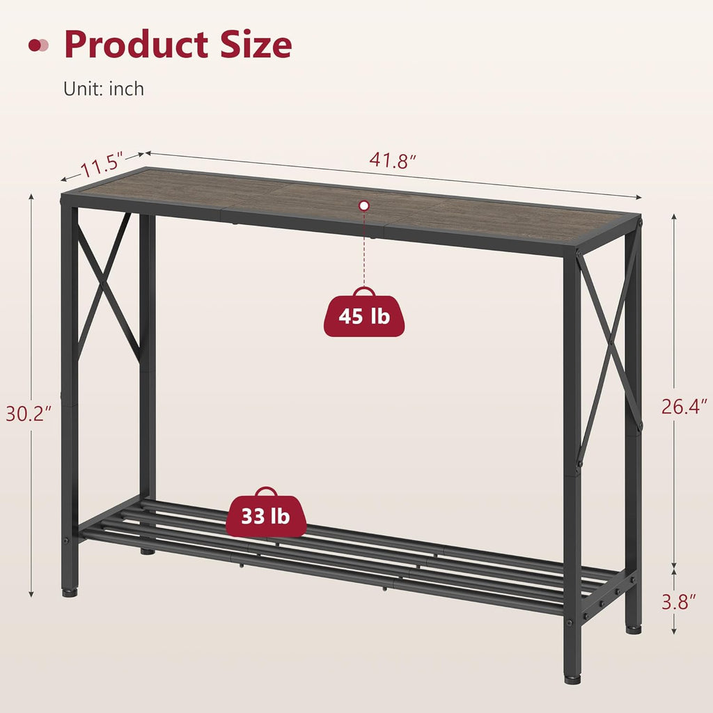 Tajsoon Industrial Console Table 41.8", 2 Tier Entryway Table with Storage Shelves, Narrow Sofa Table with Stable X-Frame, for Living Room, Hallway, Foyer, Office, Dark Grey