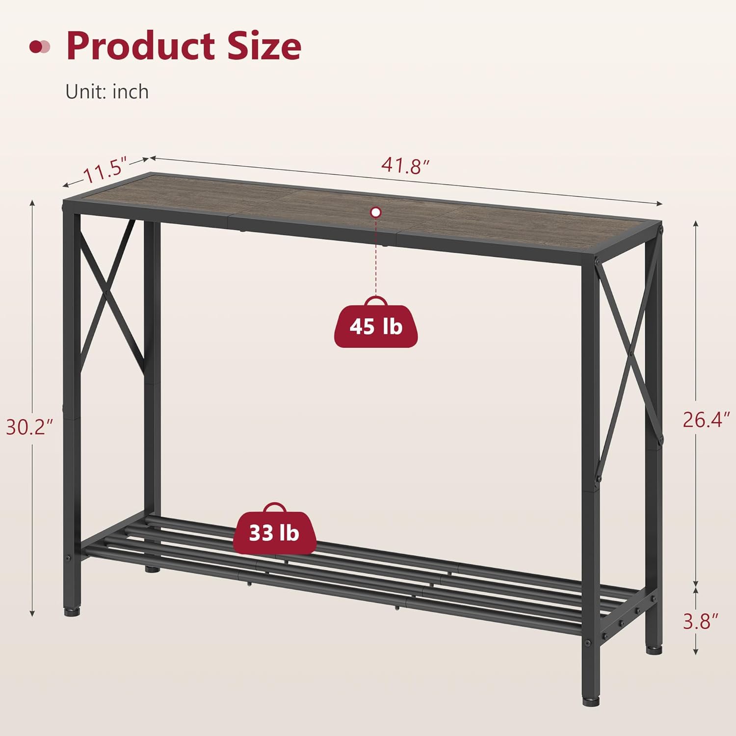 Tajsoon Industrial Console Table 41.8", 2 Tier Entryway Table with Storage Shelves, Narrow Sofa Table with Stable X-Frame, for Living Room, Hallway, Foyer, Office, Dark Grey