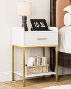 Nightstand with Charging Station, Modern Bedside Table with Drawer and Legs,White and Gold Night Stand with Open Shelf, Narrow Side Table for Bedroom, Living Room