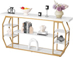 VEVOR Marble Console Table, 3 Tiers Modern Console Table for Open Storage, Golden Geometric Table with Iron Tubes, Anti-Tip Device and Triangular Support for Living Room, Hallway, Entryway