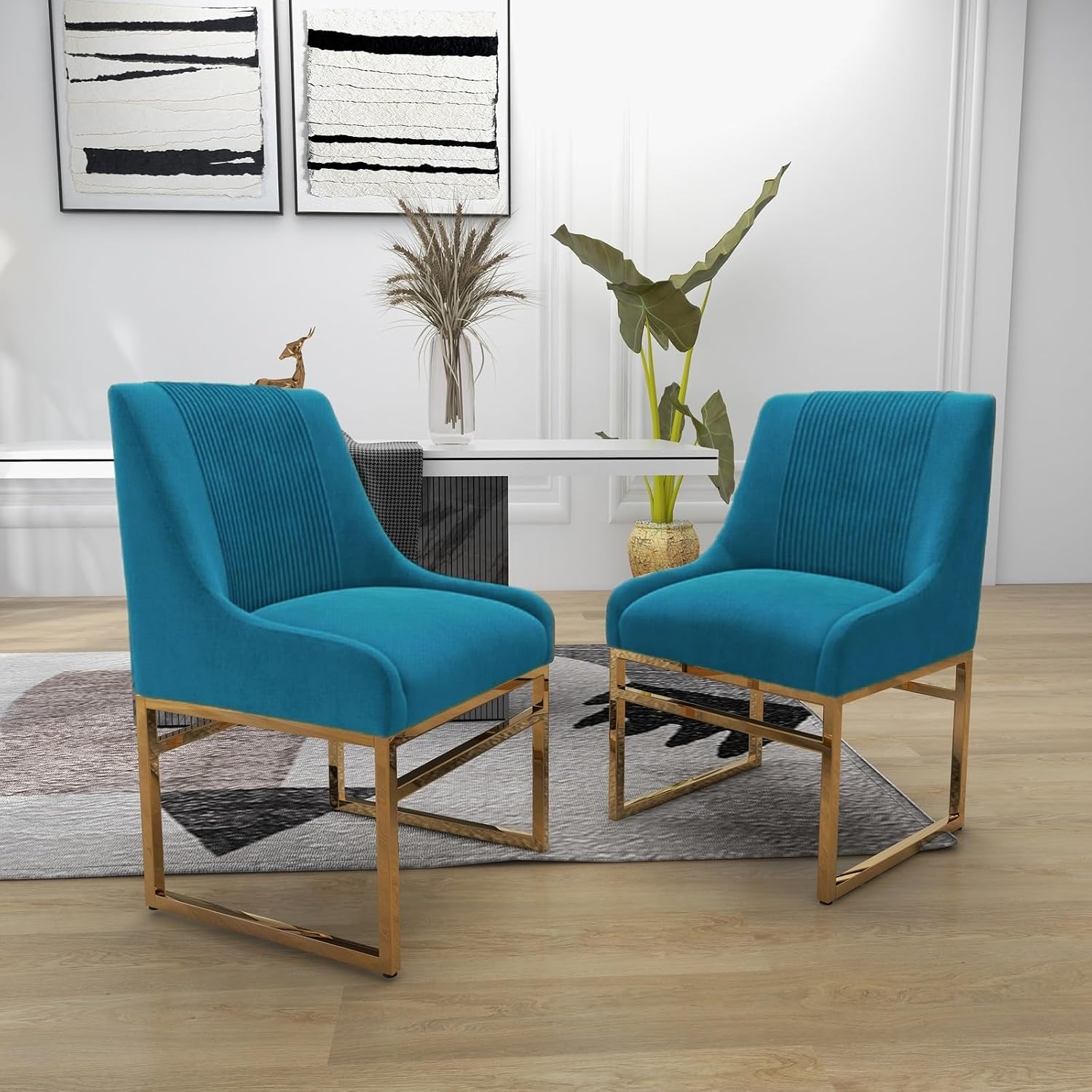 Kitchen & Dining Room Chairs Set of 2 Mid Century Modern Dining Chairs Upholstered Dining Chairs with Polished Gold Finish Metal Frame-Gold Base Velvet.