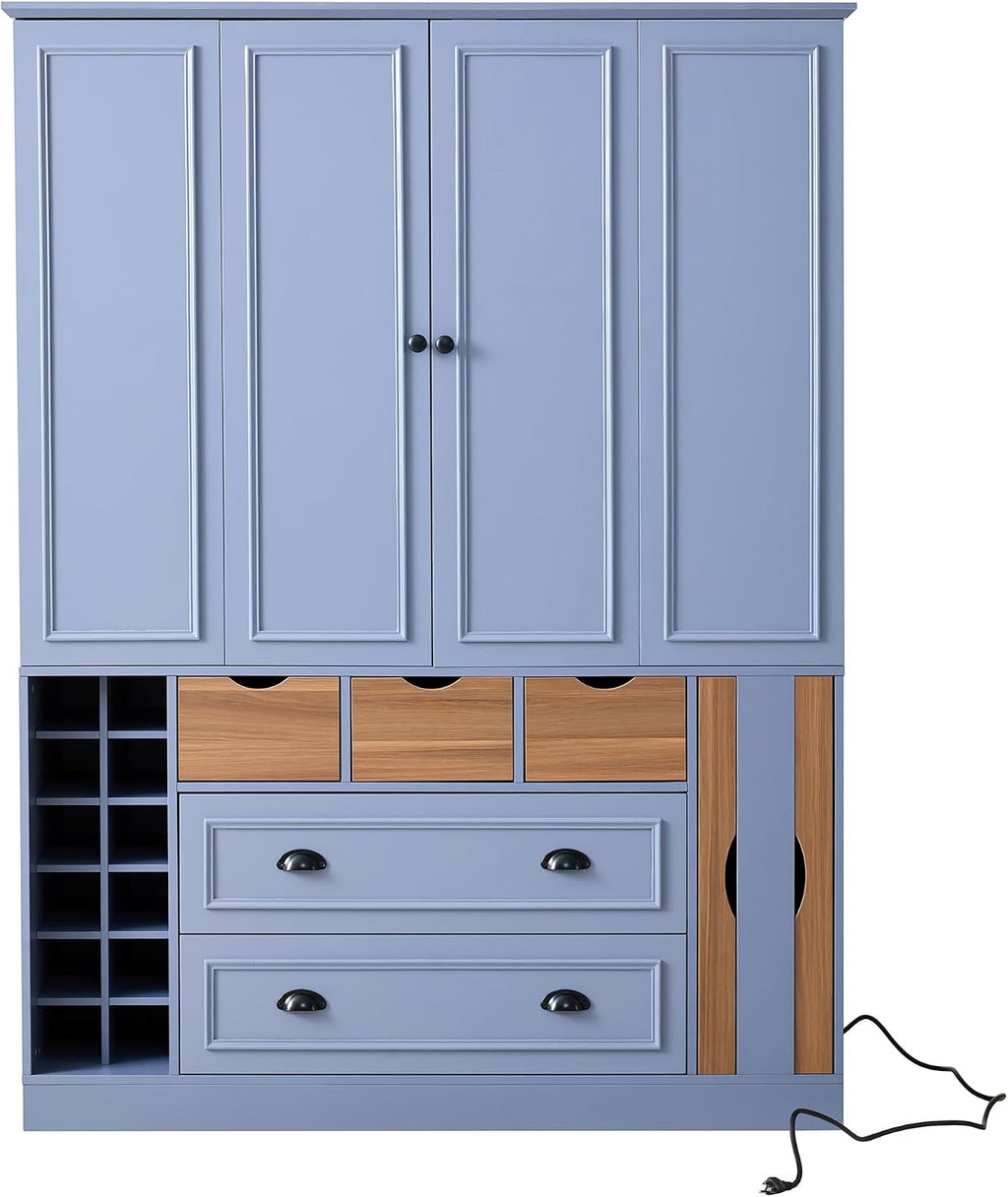LUMISOL Farmhouse Kitchen Pantry Cabinet, 71" Tall Freestanding Storage Cabinets with Foldable Doors, Power Outlet and Shelves, Dining Storage Cabinet Cupboard with Wine Racks and Serving Trays, Gray