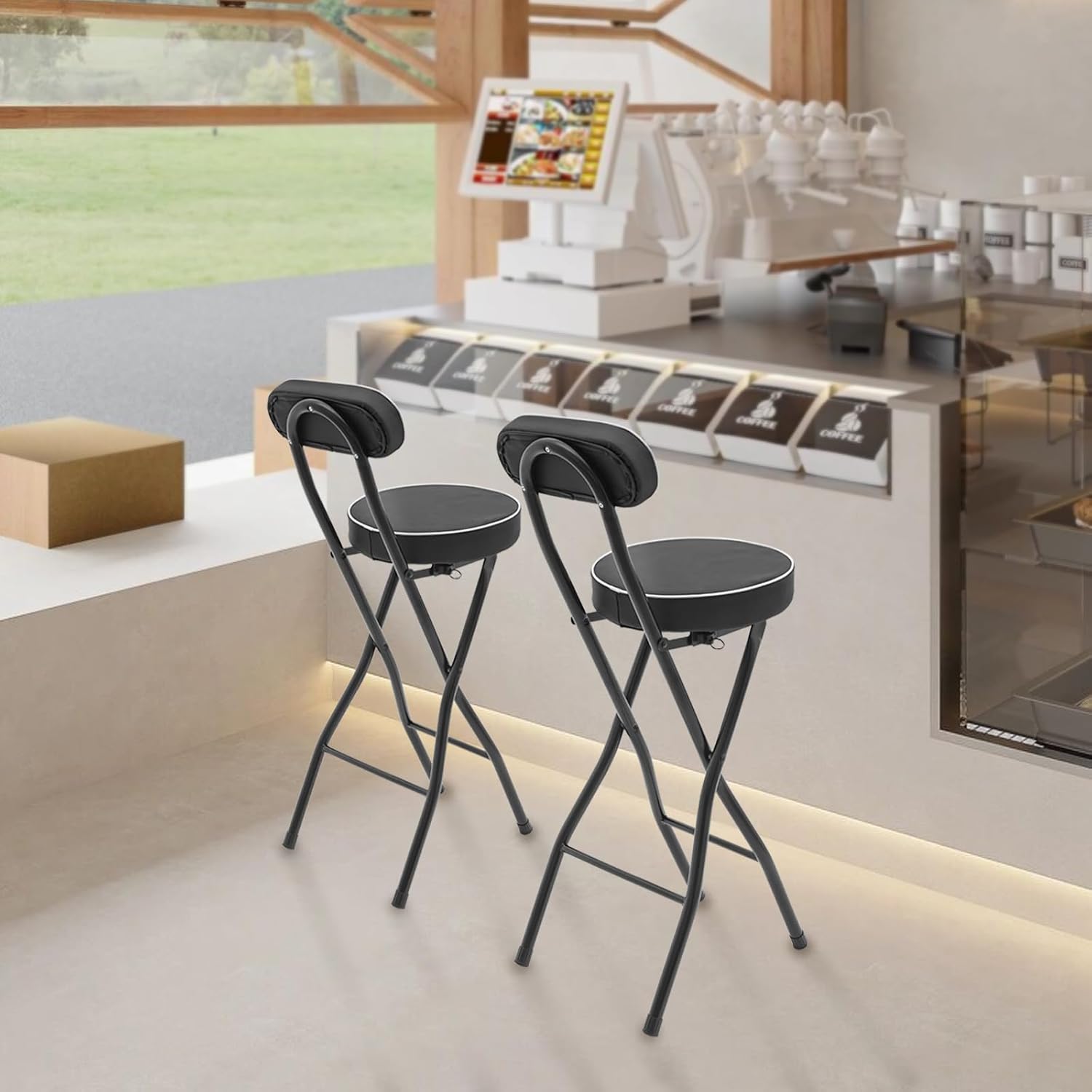 2PCS Folding Bar Stool with Backrest, Leather Padded Counter Height Foldable Stool, Portable Folding Stool Tall Bar Stools for Outdoor Camping Kitchen Shop (Black)