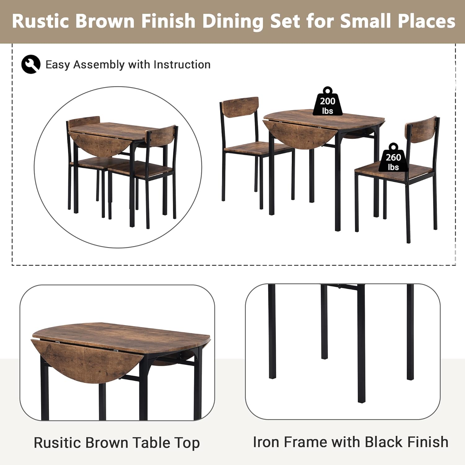 Merax 3-Piece Foldable Dining Table Set for 2 with Drop Leaf Tabletop and Two Chairs for Small Places, Kitchen, Living Room, Apartment, Rustic Brown