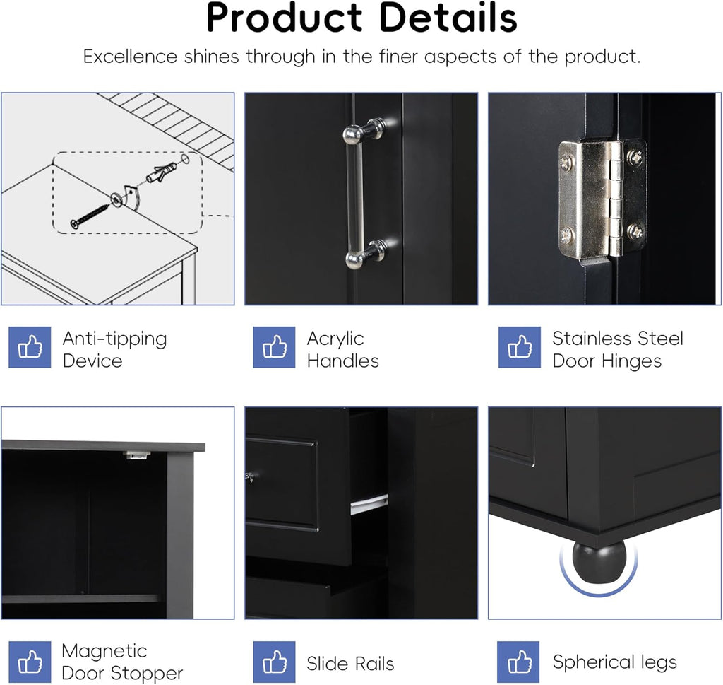 Merax 61.4" Pantry Cabinet with One Door & Two Drawers, Adjustable Shelves Storage Cupboard for Kitchen/Dining Room/Bathroom, Soild Wood Legs, Black