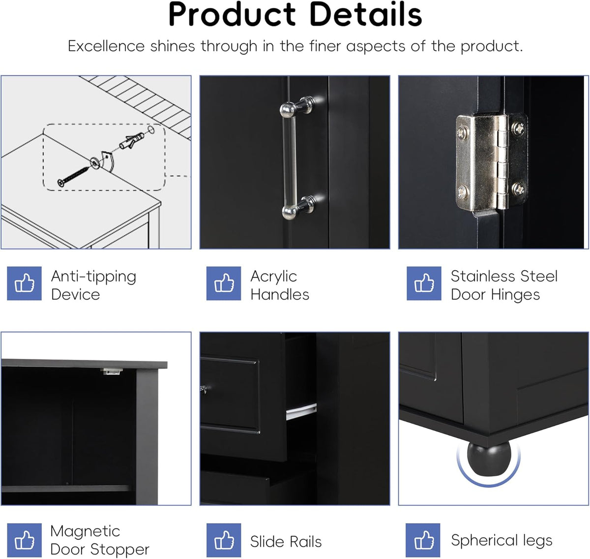 Merax 61.4" Pantry Cabinet with One Door & Two Drawers, Adjustable Shelves Storage Cupboard for Kitchen/Dining Room/Bathroom, Soild Wood Legs, Black