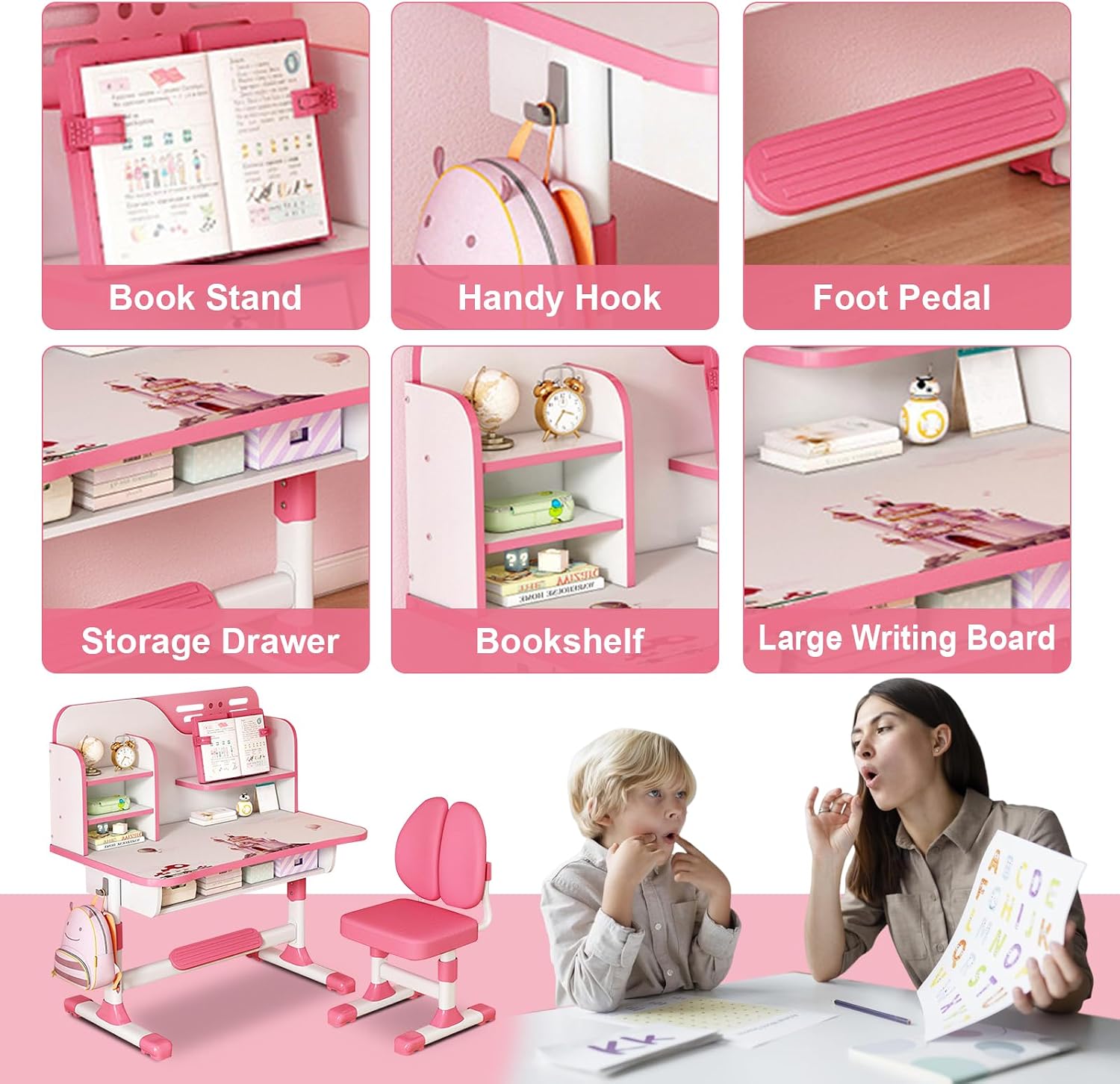 [Fast Arrival] Kids Study Desk and Chair Set - Height Adjustable Kids Writing Desk with Chair, Girls Learning Table with Large Writing Board for Bedroom, Ideal Gifts for Children Boys Girls 6-12