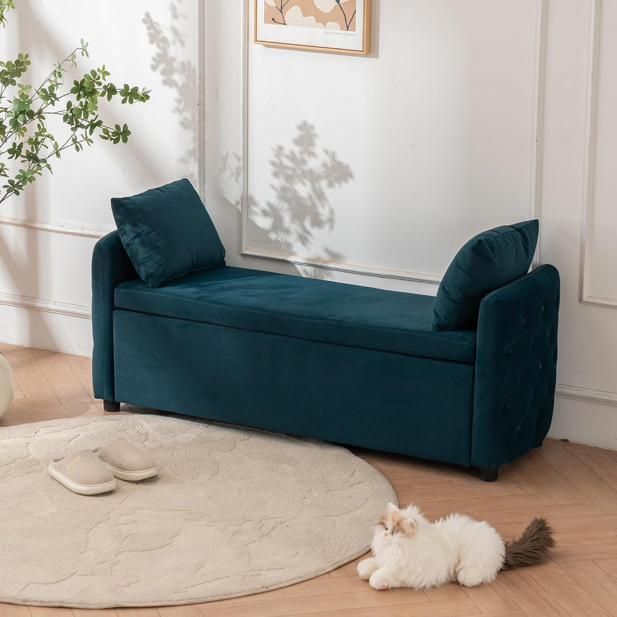 Storage Bench for Bedroom, 60" End of Bed Bench for King Size Bed,Tufted Bench Modern Upholstered Long Ottoman Bench with Arm (Teal, Velvet-60 Wide)