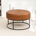 Modern Round Coffee Table, Farmhouse Ottoman for Living Room, Large Vintage Leather Coffee Tables with Leather Upholstered Padded Seat [Round, Vintage Brown, 30'']