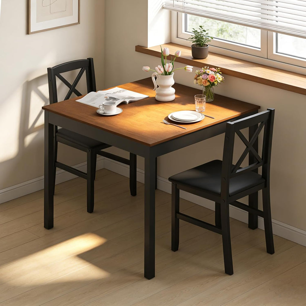 GIANTEX 3-Piece Dining Table Set for 2 - Small Wooden Kitchen Table with Upholstered PVC Leather Chairs, Rubber Wood Legs, Modern Compact Dining Set for Dinner, Kitchen, Restaurant, Dinette (Brown)