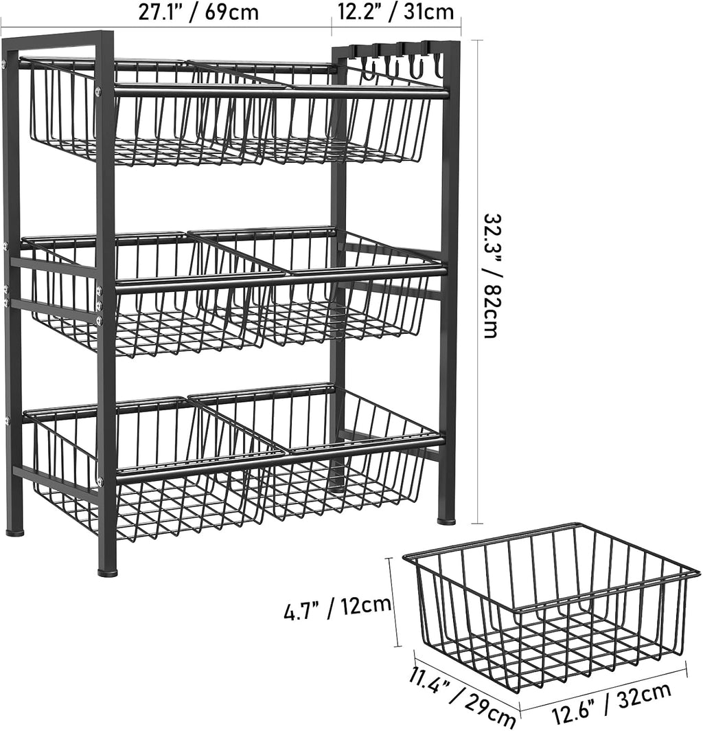 Hastatii Kitchen Storage Basket Shelf, Snack Basket Shelf, 3 Tier Fruit Vegetable Basket Stand, Metal Pantry Storage with 6 Stackable Wire Baskets, Black