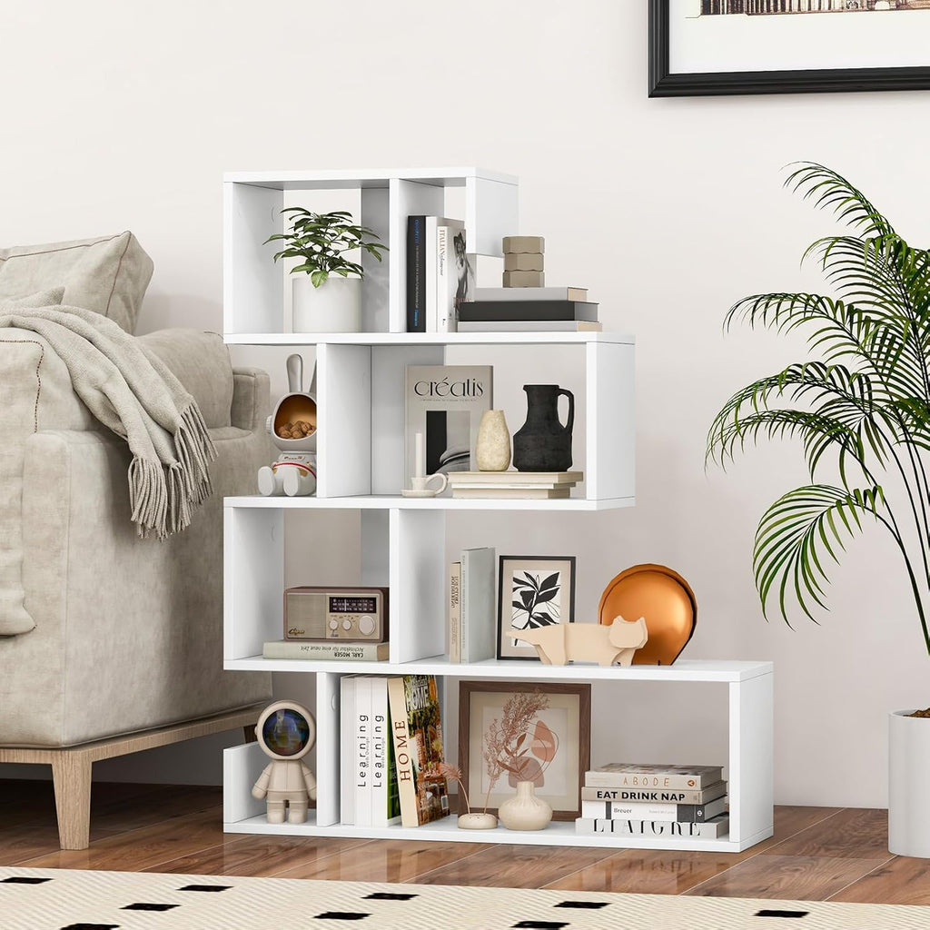 GIANTEX 5-Tier S-Shaped Bookshelf, Geometric Bookcase w/Open Cubes, Modern Decorative Display Shelf w/Anti-Toppling Kits, Freestanding Storage Rack for Living Room, Study, Home, Office, White