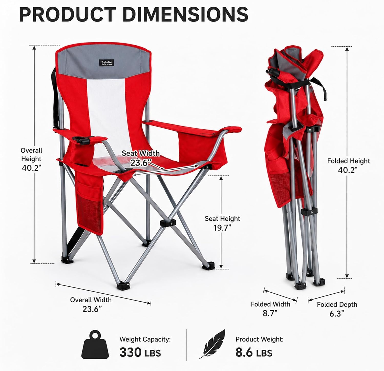 Byliable Oversized Camping Chairs Portable Outdoor 330LBS Capacity Folding Lawn Chairs for Adults with Cooler Bag,Cup Holder and Side Pocket for Beach, Sports, Tailgates, Fishing, Hiking, Red