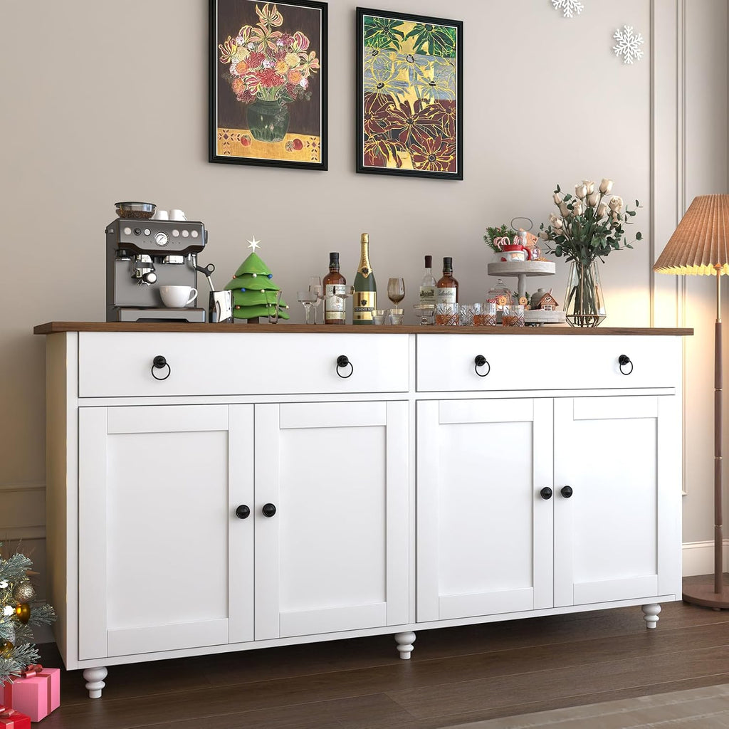 4 EVER WINNER Buffet Cabinet with Storage, 55'' Sideboard Buffet Cabinet with 2 Drawers, Coffee Bar Cabinet with 4 Doors, Kitchen Buffet Cabinet for Living Room, White