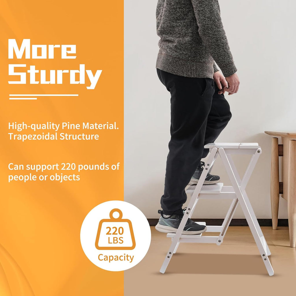 3-Step Ladder Chair Folding Step Stool Chair 22.44" L x 16.33" W x 25.6" H 220 LBS Load Capacity White Pinewood Counter Chairs for Kitchen Bedroom Living Room Warehouse, Space Saving