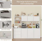 Bobve Large Kitchen Hutch Cabinet with Microwave Stand, Storage Cupboard Pantry with 3-Tier External Shelves and 3 Drawers, Ktichen Food Pantry with Open Countertop for Dining Room, White