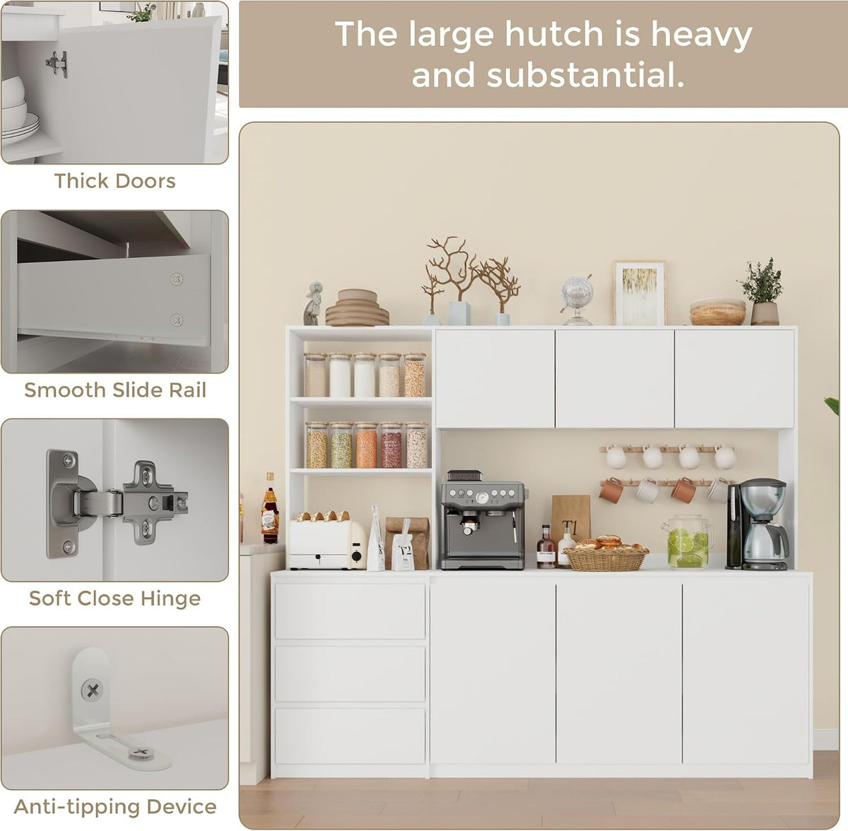 Bobve Large Kitchen Hutch Cabinet with Microwave Stand, Storage Cupboard Pantry with 3-Tier External Shelves and 3 Drawers, Ktichen Food Pantry with Open Countertop for Dining Room, White