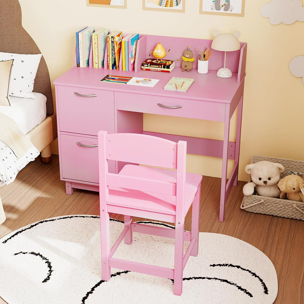 GLACER Kids Desk and Chair Set, Children’s School Study Table w/Storage Hutch, Drawer & Cabinets, Wooden Student Writing & Computer Desk for Bedroom, Study Room & Homeschool for Ages 3-8 (Pink)