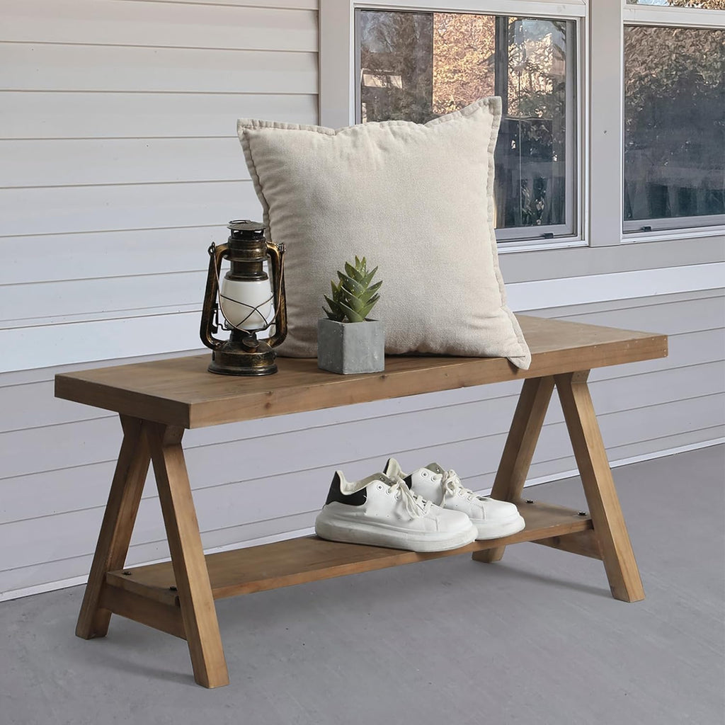 RowyPoey Solid Wood Bench, 43" Farmhouse Entryway Bench with Shoe Storage | Stable Triangular Leg, Rustic End of Bed Benches, Solid Hallway Seating, Dining Bench for Kitchen, Shoe Stool, Easy Assembly
