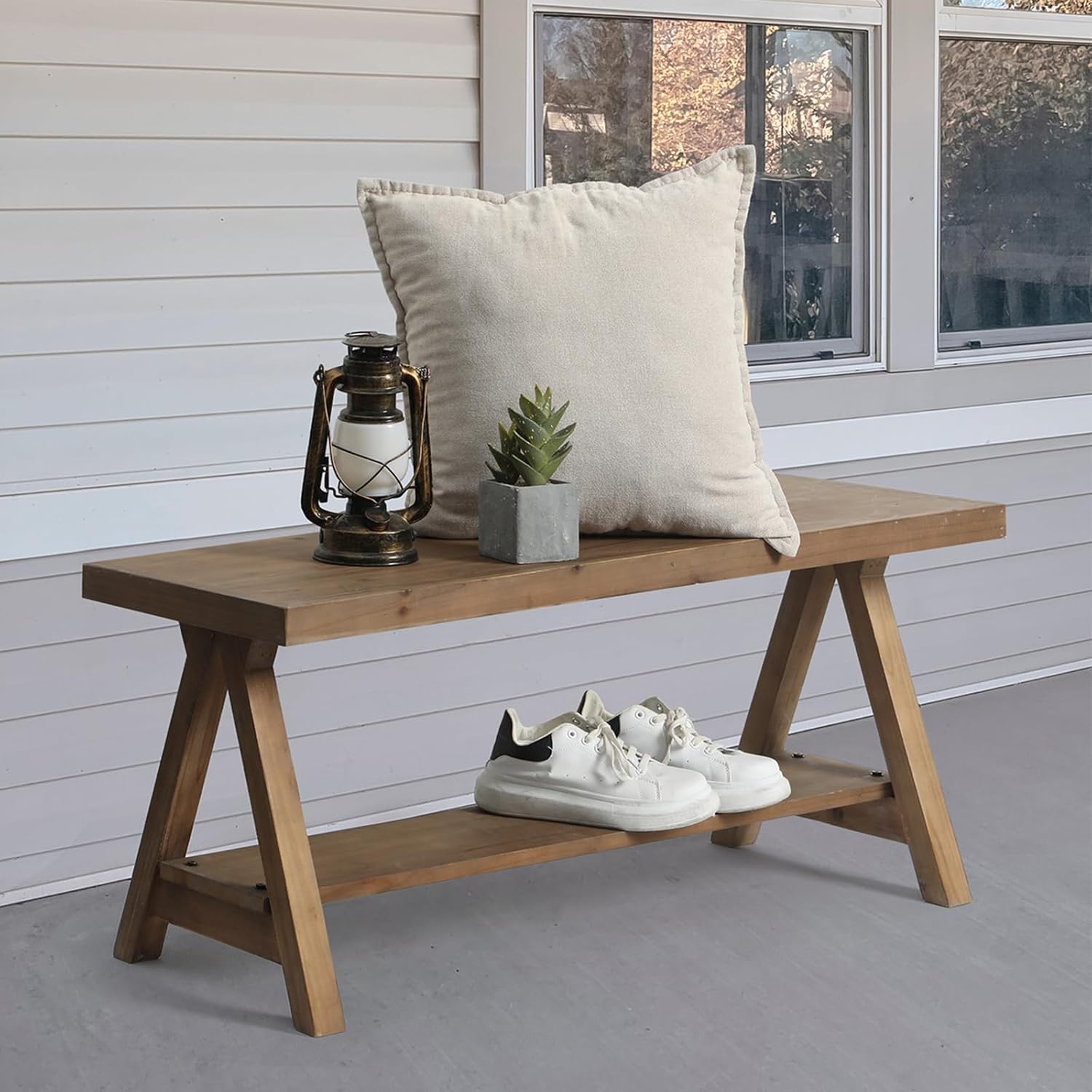 RowyPoey Solid Wood Bench, 43" Farmhouse Entryway Bench with Shoe Storage | Stable Triangular Leg, Rustic End of Bed Benches, Solid Hallway Seating, Dining Bench for Kitchen, Shoe Stool, Easy Assembly